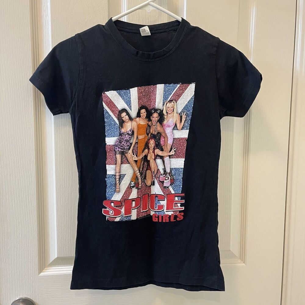 Vintage Spice Girls Union Jack Black Sparkly Graphic Band Tee Tultex Size Medium